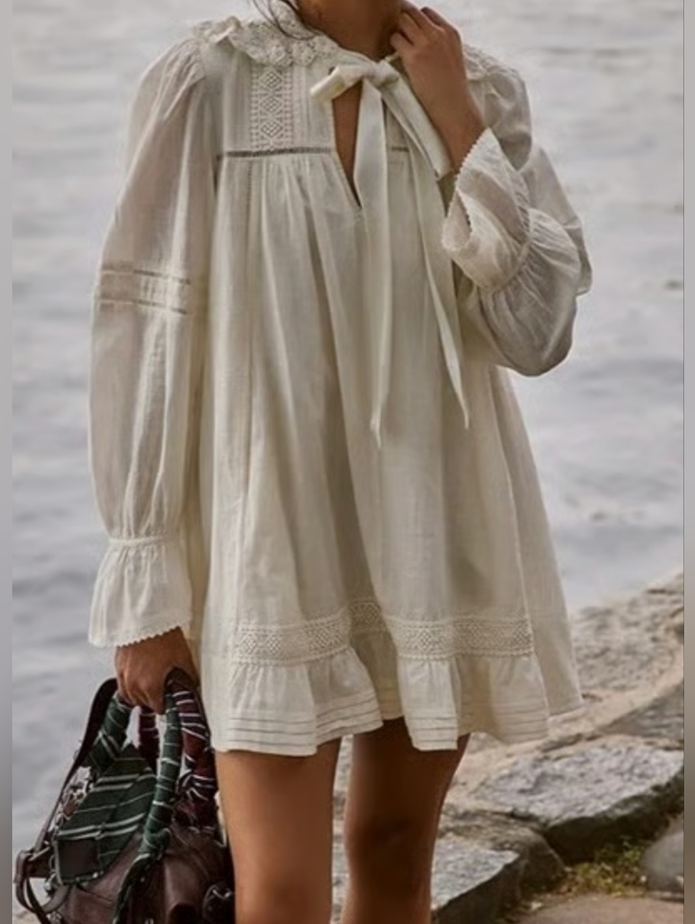 Free People Cream Mini Dress with Lace Trim